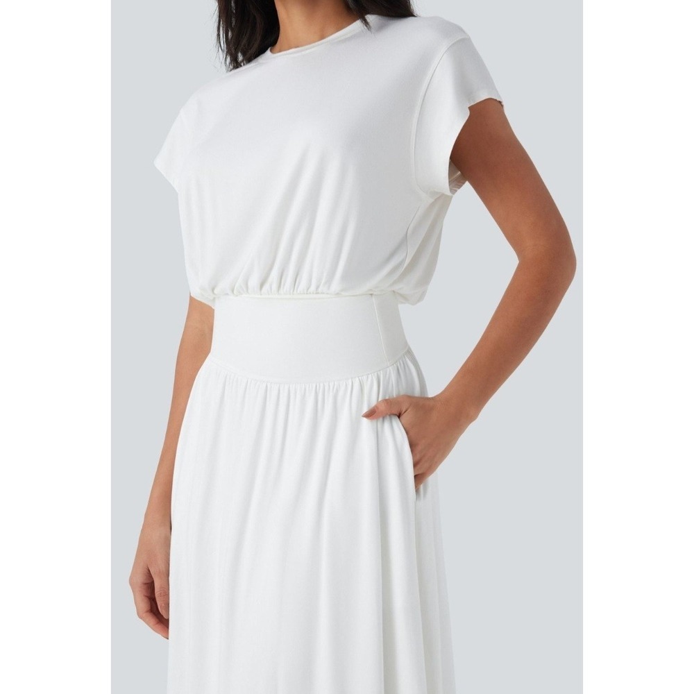 Halara Dress S White Gather Waist Great Draping Midi Batwing Tummy Control Flowy - Picture 2 of 11